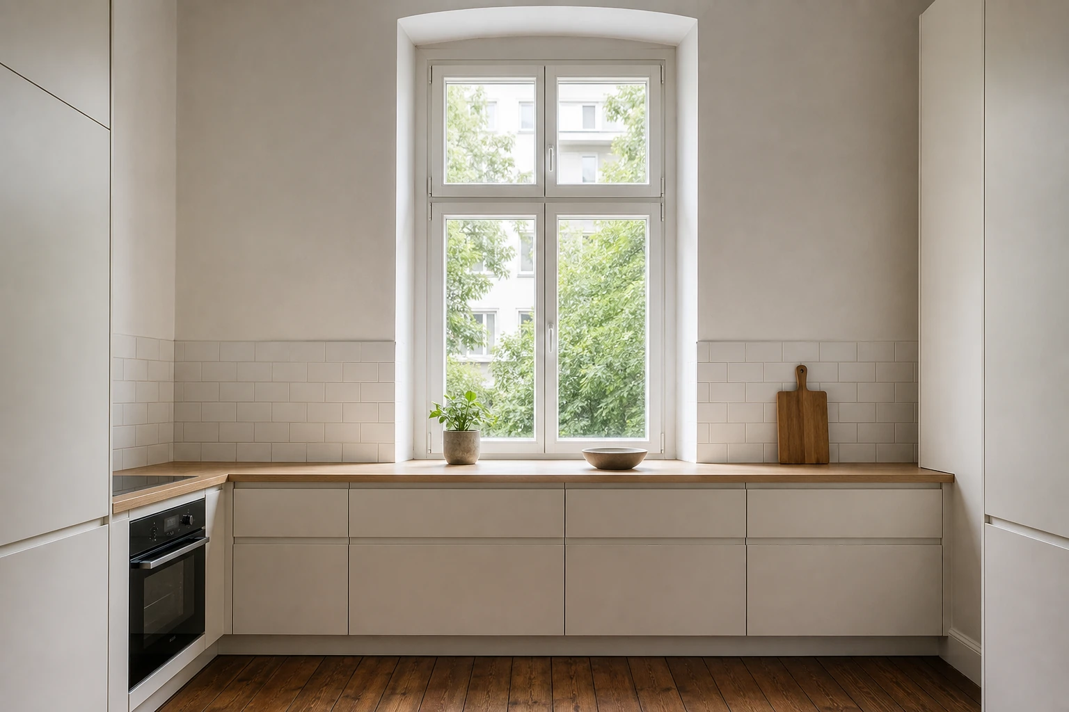 Küche mit Fenster zum Innenhof.